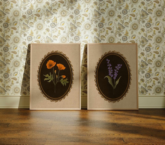 Vintage Botanical Art Set: Poppy and Lavender Floral Prints, Rustic Cottagecore Decor