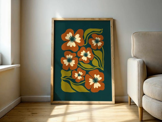 Retro Floral Wall Art – 70s Style Botanical Print in Teal, Olive and Rust, Mid Century Modern Boho Poster for Vintage Home Decor