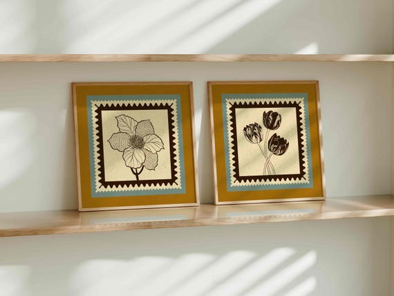 Vintage Botanical Print Set: Retro Stamp Wall Art, French Country Decor