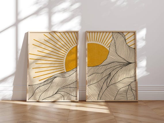 Mountain & Sun Wall Art Set of 2 – Japandi Landscape Prints with Minimal Line Art in Warm Neutrals – Modern Nature-Inspired Decor