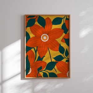 Póster de flores retro funky, arte de pared retro, arte de pared floral abstracto, arte de mediados de siglo, decoración de pared de los años 60, arte retro colorido, inspirado en los años 70