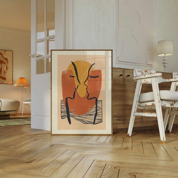Abstract Face Line Art Print – Sunset & Couple Modern Minimalist Wall Art, Contemporary Scandinavian Decor