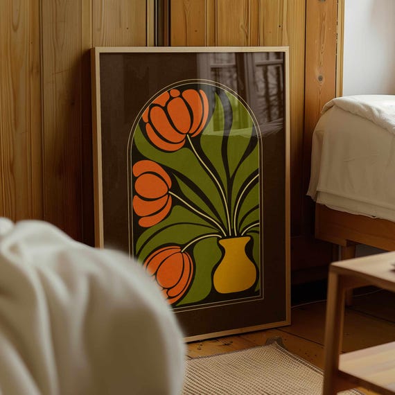 Retro 70s Tulip Print: Mid-Century Modern Floral Wall Art, Boho Flower Poster