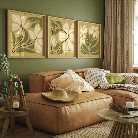 Retro Floral Wall Art – Earthy Botanical Prints in Olive, Cream and Ochre, Neutral Vintage Flower Posters for Mid Century Boho Home Decor