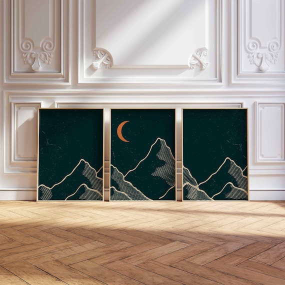 Minimalist Mountain Print Set: Japandi Landscape Triptych, Teal & Orange