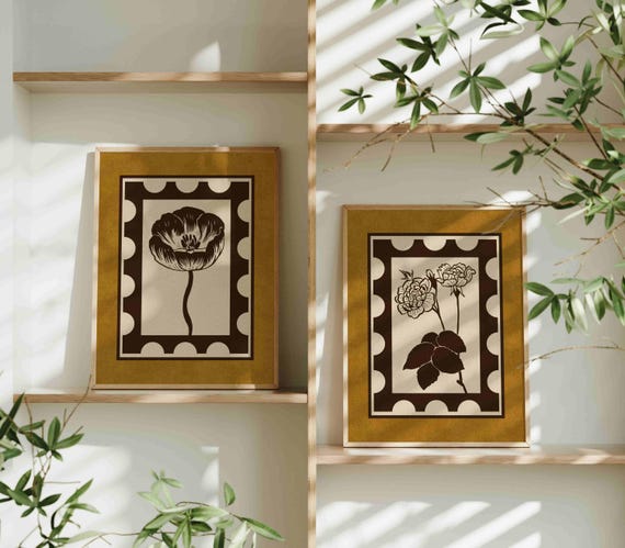 Vintage Botanical Print Set: Poppy and Rose Floral Wall Art, Rustic Cottagecore Home Decor