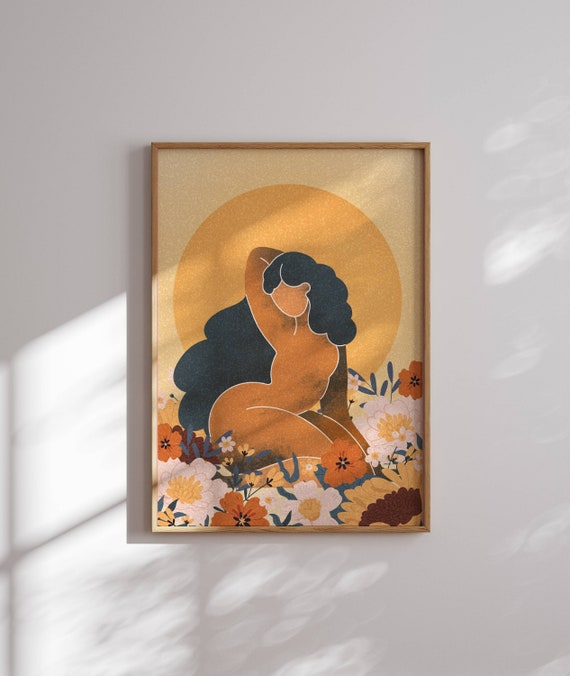 Black Woman Art Print, Self Love & Empowerment Wall Art – Feminine Portrait in Floral Field for Modern, Boho or Feminist Home Decor