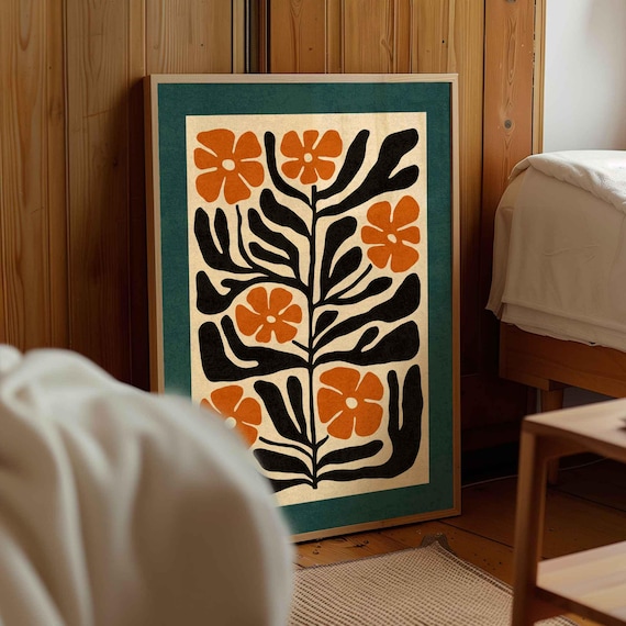Mid Century Modern Floral Print — Retro Botanical Wall Art, Scandinavian Folk Art