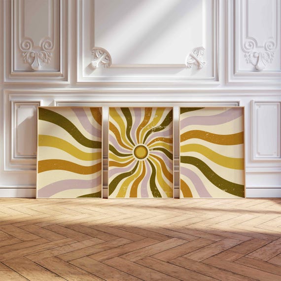 70s Sunburst Print Set: Mid Century Modern Gallery Wall Art, Retro Boho Decor