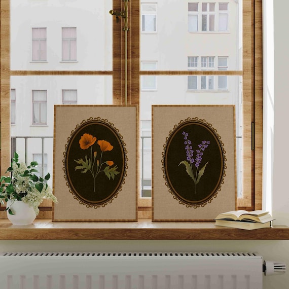 Vintage Botanical Art Set: Poppy and Lavender Floral Prints, Rustic Cottagecore Decor