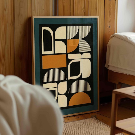 Mid Century Modern Geometric Print: Teal & Ochre Bauhaus Poster, Abstract Scandinavian Art