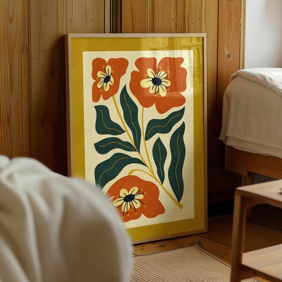 70s Retro Floral Print: Mid Century Modern Botanical Wall Art, Vibrant Home Decor