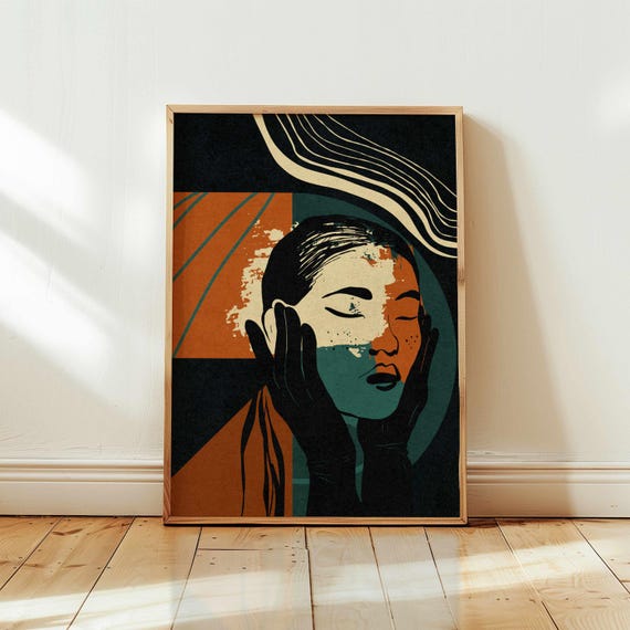 Abstract Woman Art Print — Teal & Burnt Orange Contemporary Artwork, Mid Century Modern Decor