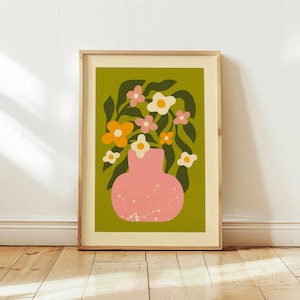 70s Retro Floral Print: Groovy Pink & Olive Green Botanical Art, Mid Century Modern Decor