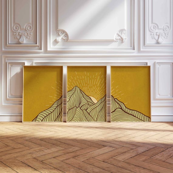 Japandi Mountain Print Set: Rising Sun Wall Art, Minimalist Landscape Triptych