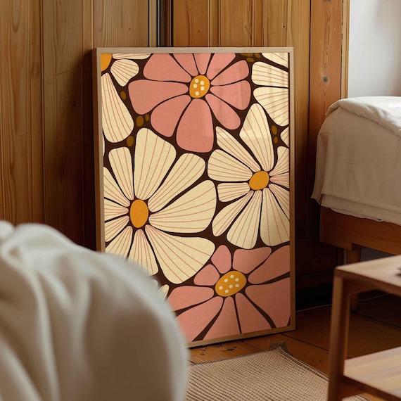 70s Retro Floral Print: Groovy Botanical Wall Art, Mid Century Modern Decor
