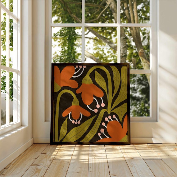 70s Retro Floral Print: Abstract Botanical Wall Art, Mid Century Modern Boho Decor