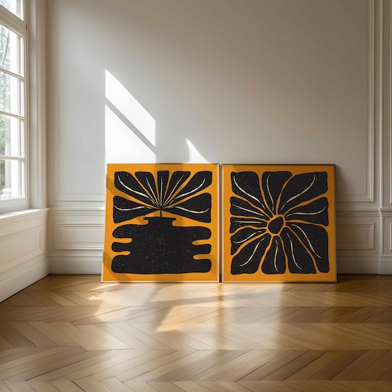 Retro Floral Print Set – Vintage Mcm Wall Decor, Abstract 70s Botanical Art