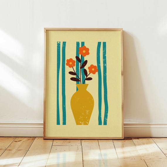 70s Retro Floral Print: Groovy Flower Vase Wall Art, Vibrant Home Decor