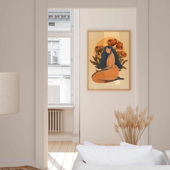 Black Woman Wall Art, Feminine Boho Portrait with Flowers and Sun – Self Love Art Print for Empowering Gifts and Modern Home Decor