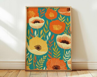 Funky 70s Blumenmuster: Maximalistische Retro Kunst fürs Zuhause
