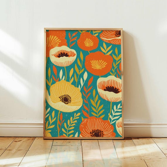 Funky 70s Floral Print: Retro Botanical Wall Art, Maximalist Boho Home Decor