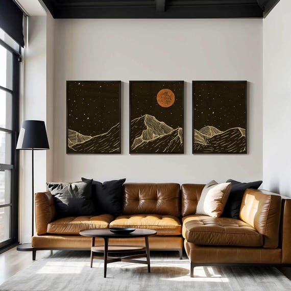 Mountain Triptych Wall Art – Landscape Prints with Black Night Sky and Burnt Orange Moon, Modern Rustic Decor or Gift for Nature Lovers