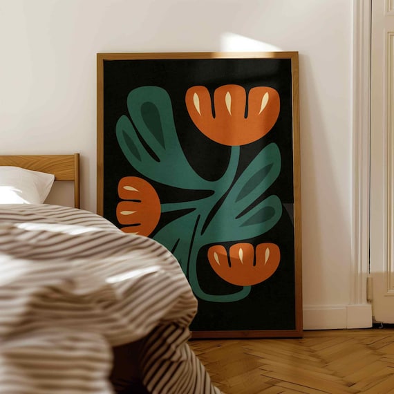Mid Century Modern Floral Print — Burnt Orange & Teal Botanical Art, Retro Home Decor