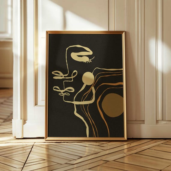 Mid Century Abstract Art, Contemporary Wall Art with Golden Lines on Dark Background, Modern Minimalist Print for Scandinavian Home Decor