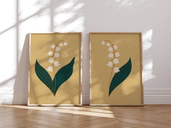 Vintage Lily Of The Valley Prints, Floral Wall Art, Birth Flower Gift, Neutral Set Of 2 Prints, Cozy Cottagecore Decor, Botanical Prints