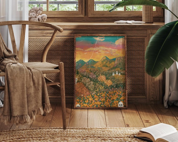Secret Meeting – Cute Halloween Ghost Print, Fall Wall Decor with Mountains, Sunset and Wildflowers, Cozy Autumn Landscape Art
