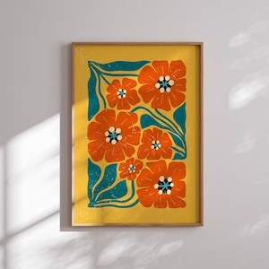 Stampa floreale di papaveri astratti in stile retrò anni '70, stile Mid-Century Modern: decorazione murale funky di ispirazione vintage con colori vivaci e un fascino accogliente.