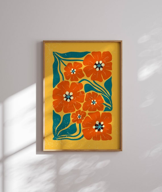 Floral print of abstract poppies in retro 70s mid-century modern style — Funky vintage-inspired wall decor with bold colors and cozy charm.