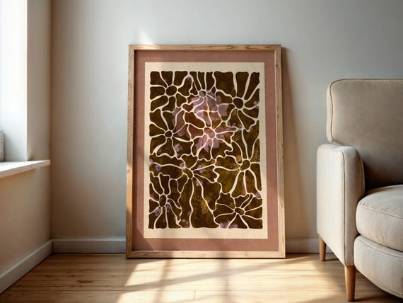 Abstract Floral Wall Art, Romantic Wildflower Art Print, Vintage Botanical Print with Dusty Pink Mat for Cozy, Boho & Nature-Inspired Decors