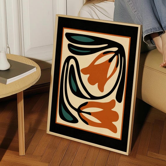 Framed Retro Floral Print — Scandinavian Botanical Wall Art, Mid Century Modern Decor