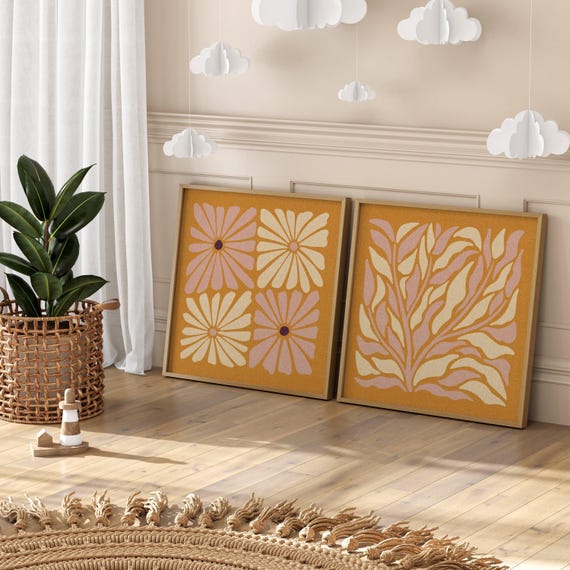 70s Floral Wall Art, Set Of 2 Prints, Retro Wall Art, 70s Inspired Art, Matisse Prints, Mid Century Modern, 60s Wall Decor, Nursery Decor