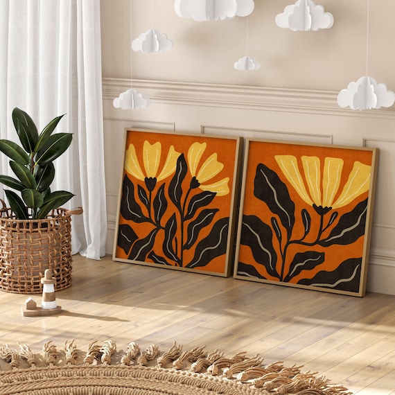 Groovy Floral Wall Art Set Of 2, Abstract Retro Matisse-Inspired Botanical Prints – Funky 70s Style Wall Decor for Mid Century & Boho Spaces