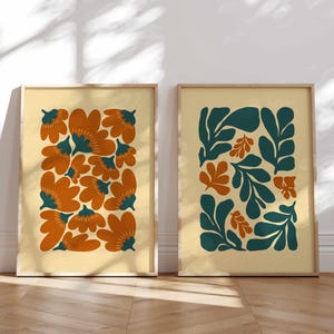 Retro Floral Print Set – Burnt Orange & Teal Botanical Wall Art