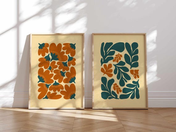 Retro Floral Wall Art – Vintage Botanical Prints in Burnt Orange and Teal, 70s Inspired Flower Posters for Mid Century & Boho Home Decor