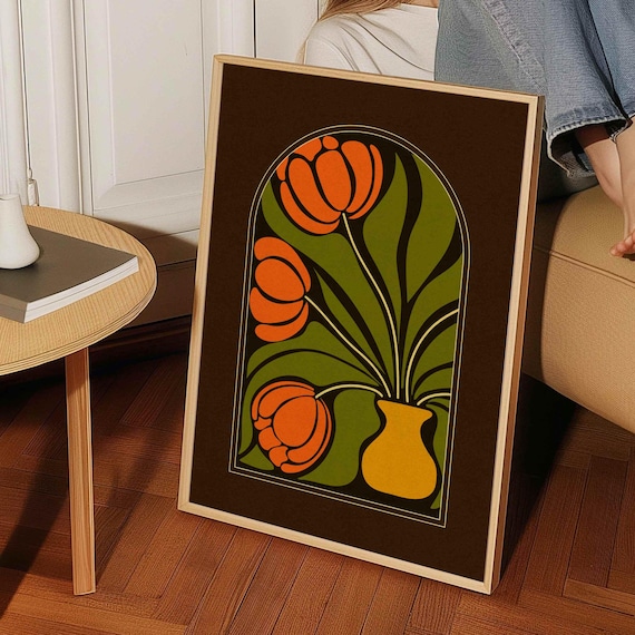 Framed Retro Tulip Print — 70s Floral Wall Art, Mid Century Modern Decor