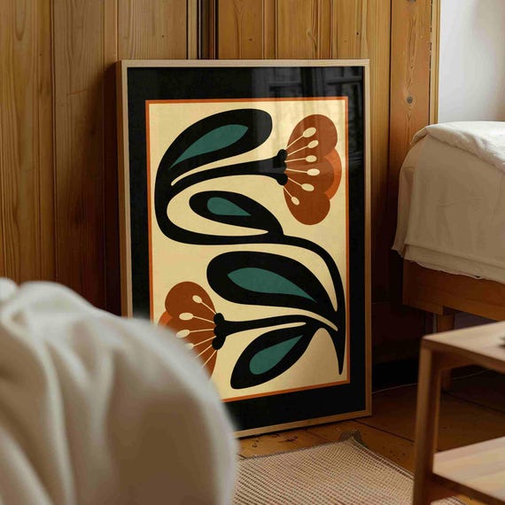 Mid Century Modern Floral Print — Rust & Teal Botanical Art, Abstract Retro Flower Poster