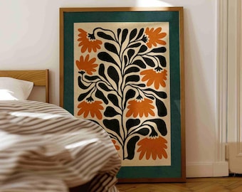 Matisse Style Framed Floral Print — Burnt Orange & Teal Botanical Art, Mid Century Modern Boho Decor