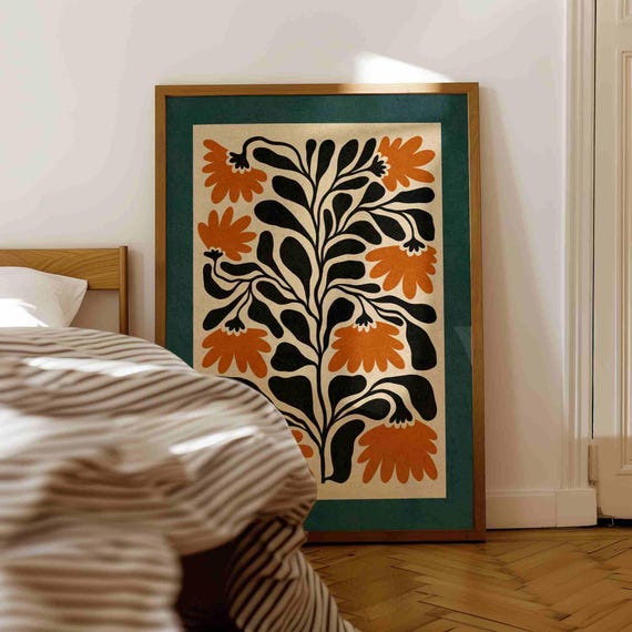 FRAMED Matisse Style Floral Print — Burnt Orange & Teal Botanical Art, Mid Century Modern Boho Decor