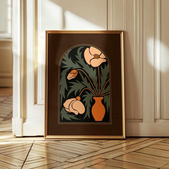 Floral Print of Abstract Poppies in Retro 70s Mid-Century Modern Style—Groovy Vintage Botanical Wall Art with Cozy Charm and Moody Tones.