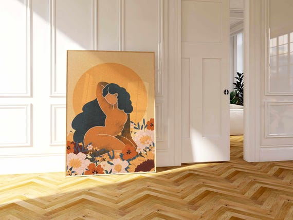 Black Woman Art Print: Curvy Feminine Portrait, Self-Love Wall Art, Modern Boho Decor