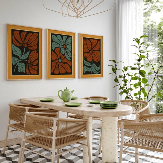 Retro Floral Wall Art Set of 3, Abstract 70s Aesthetic Botanical Prints in Terracotta & Teal – Groovy Mid Century Style Matisse Wall Art