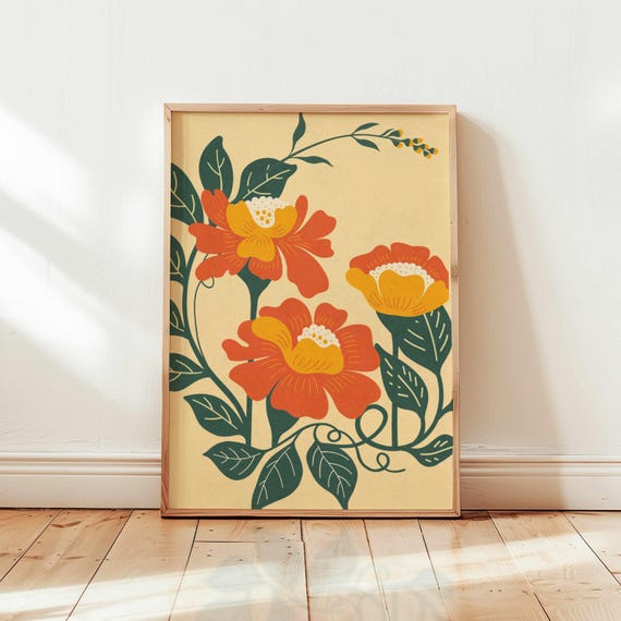 70s Retro Floral Print: Vibrant Botanical Wall Art, Maximalist Boho Decor