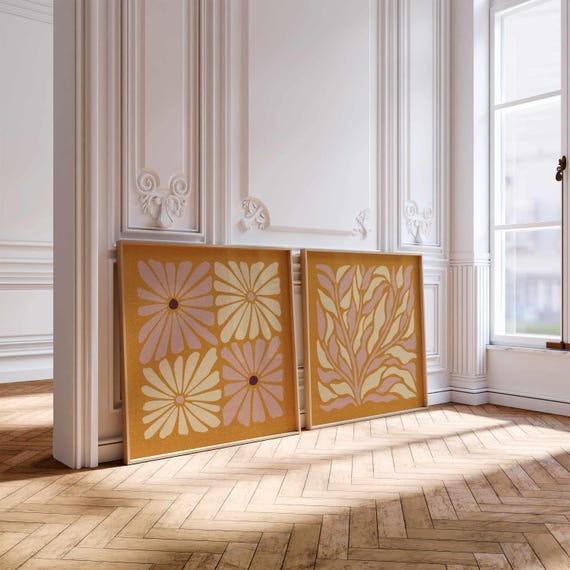 Retro Floral Print Set – 60s Botanical Wall Art, Vintage Boho Home Decor