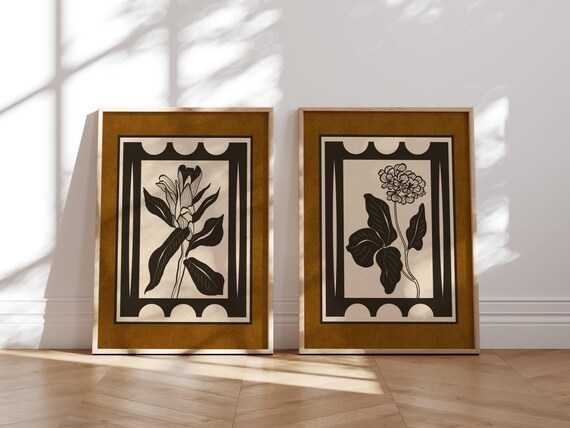 Vintage Botanical Prints — Set of 2 Wildflower Posters, Cottagecore Floral Wall Art in Earth Tones, Retro Nature-Inspired Home Decor
