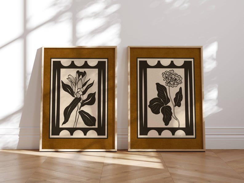 Vintage Botanical Print Set of 2 — Graphic Floral Wall Art, Mid Century ...
